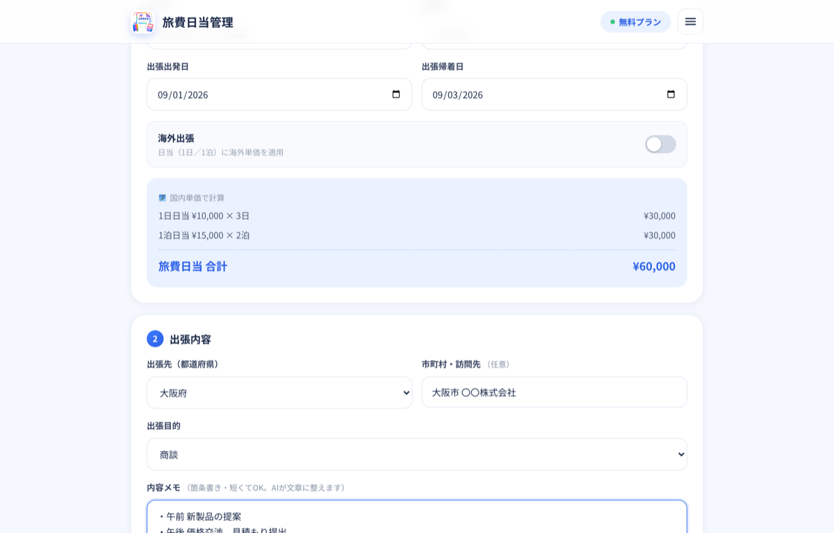 出張情報の入力画面（日当の自動計算）